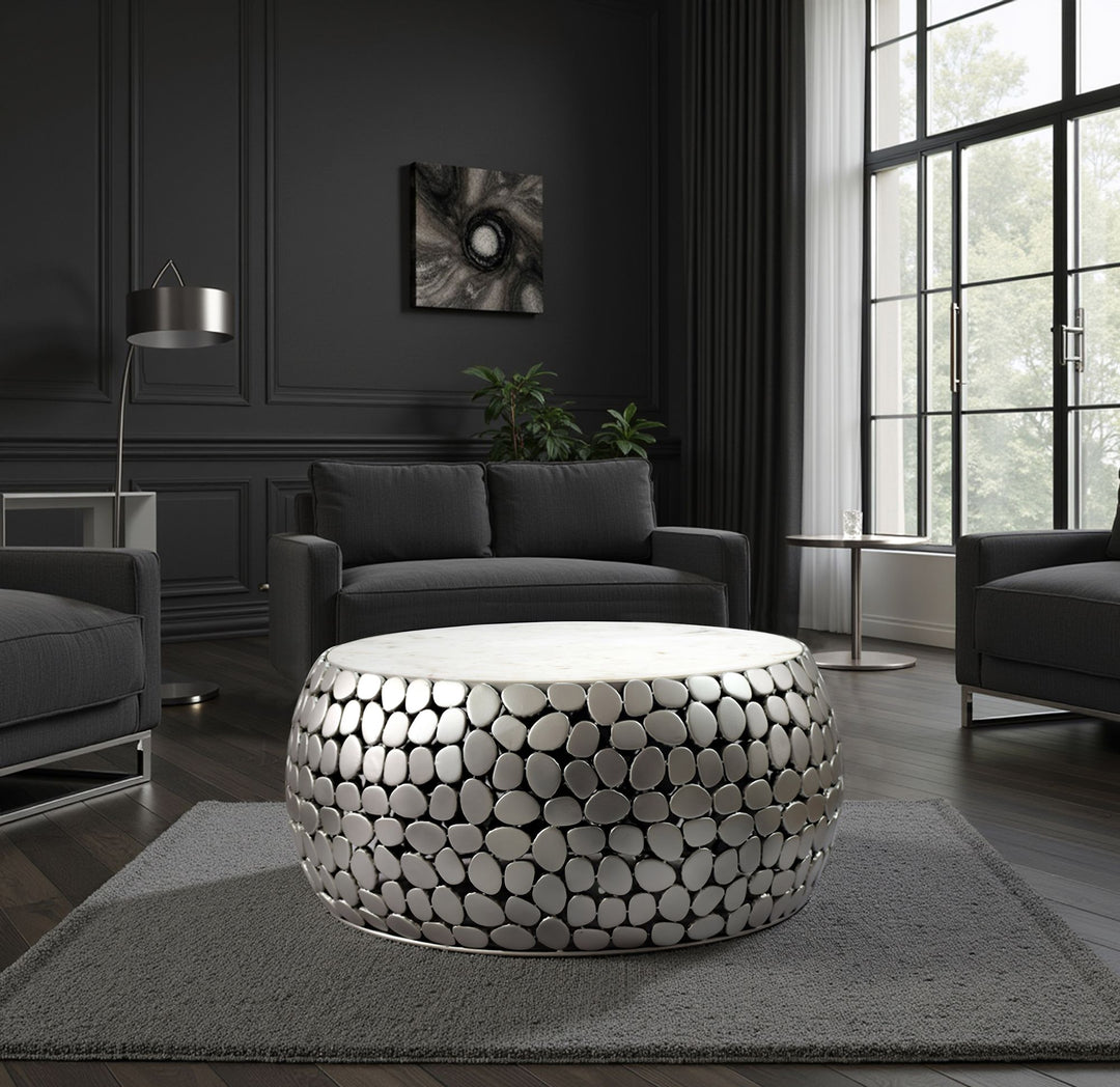 Design sofabord rundt 66 cm lavet af aluminium sølv og hvid marmor bordplade, håndlavet