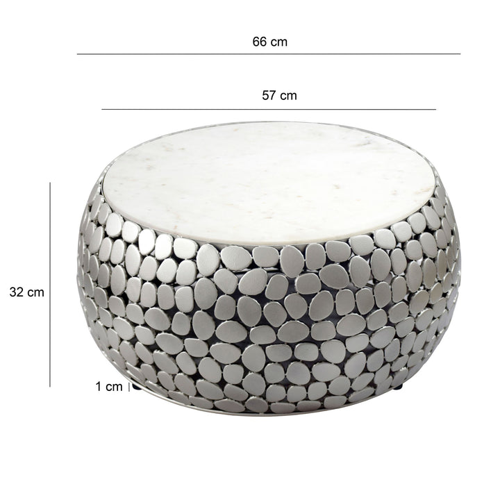 Design sofabord rundt 66 cm lavet af aluminium sølv og hvid marmor bordplade, håndlavet