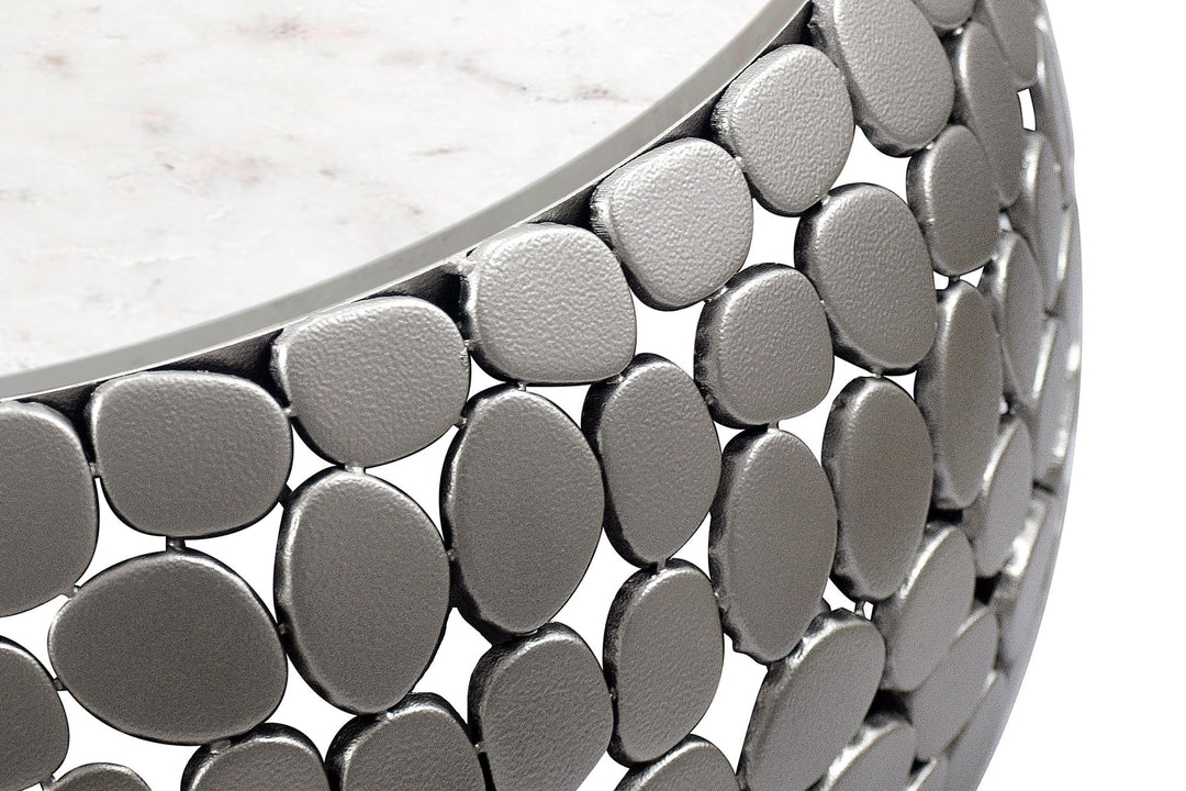 Design sofabord rundt 66 cm lavet af aluminium sølv og hvid marmor bordplade, håndlavet