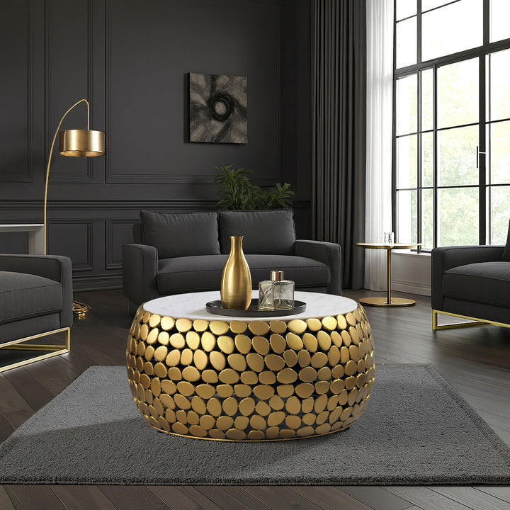 Design sofabord rundt 66 cm lavet af aluminium guld og hvid marmor bordplade, håndlavet