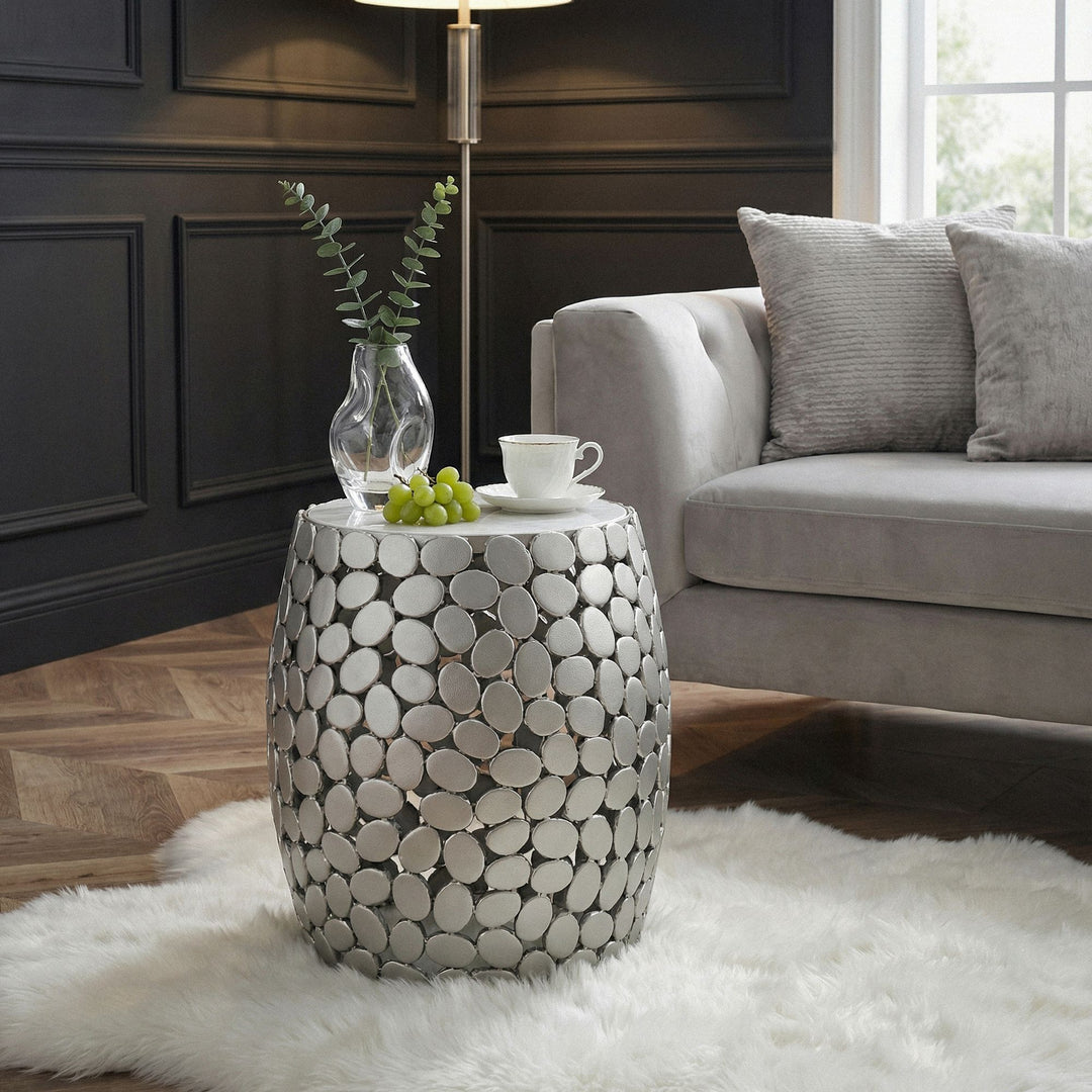 Design sidebord rundt 40 cm lavet af aluminium sølv & hvid marmor bordplade, håndlavet