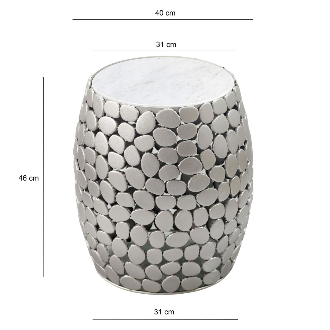 Design sidebord rundt 40 cm lavet af aluminium sølv & hvid marmor bordplade, håndlavet
