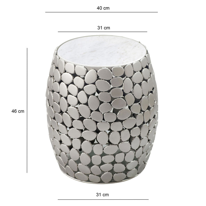 Design sidebord rundt 40 cm lavet af aluminium sølv & hvid marmor bordplade, håndlavet