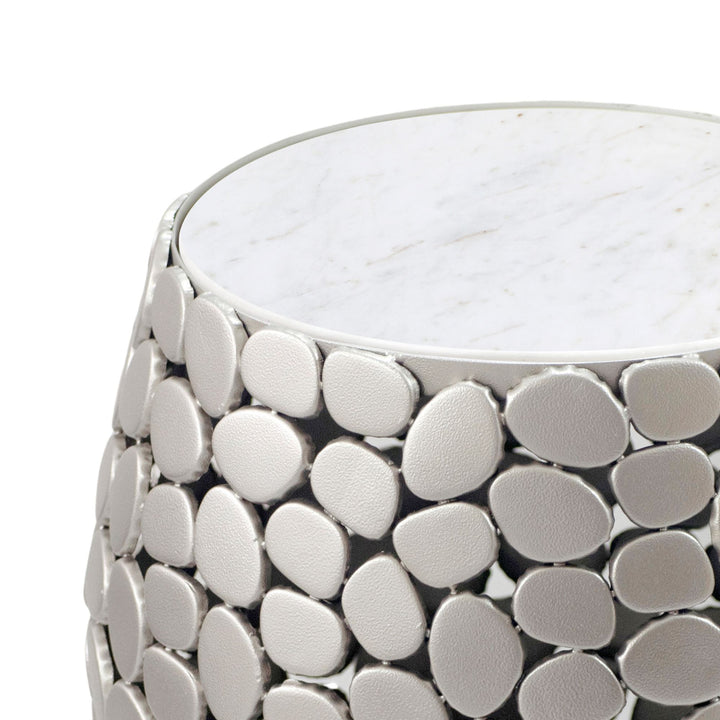 Design sidebord rundt 40 cm lavet af aluminium sølv & hvid marmor bordplade, håndlavet