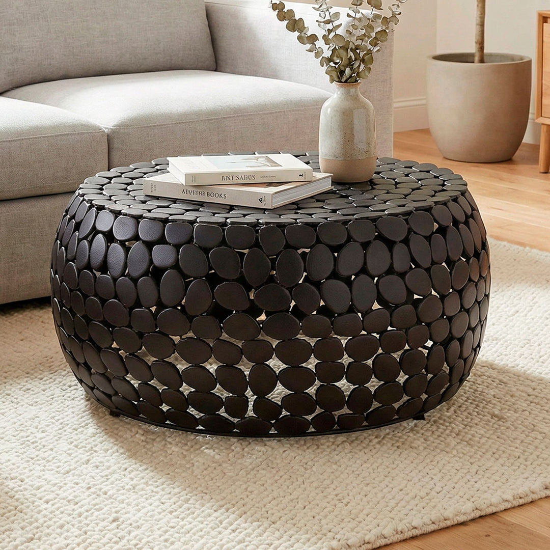 Aluminium sofabord sort rundt 66x32 cm, moderne stuebord metal - rundt loungebord, håndlavet