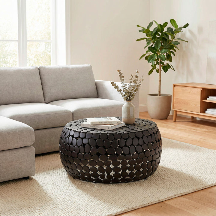 Aluminium sofabord sort rundt 66x32 cm, moderne stuebord metal - rundt loungebord, håndlavet