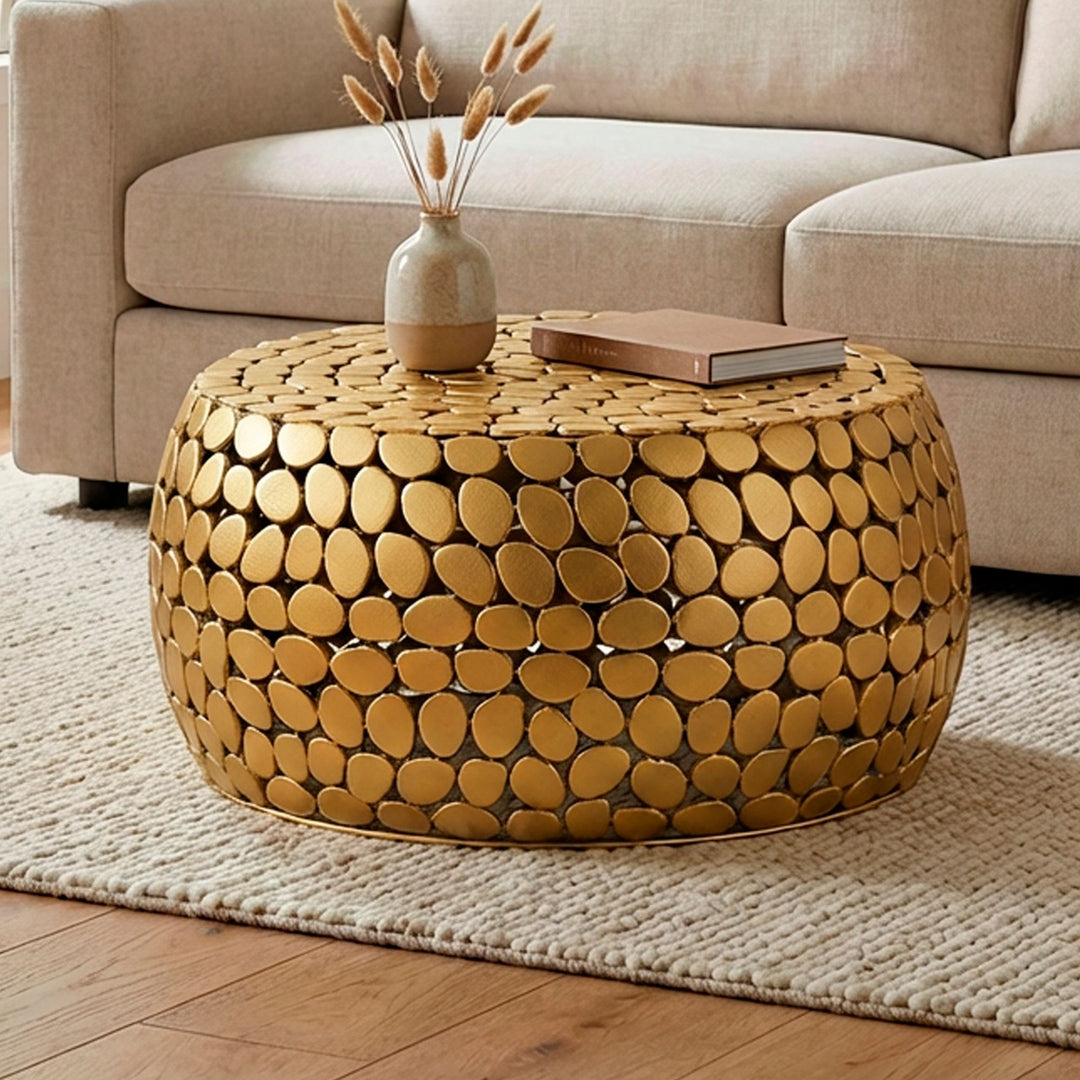 Sofabord Aluminium guld rundt 66x32 cm, moderne stuebord metal - rundt loungebord, håndlavet