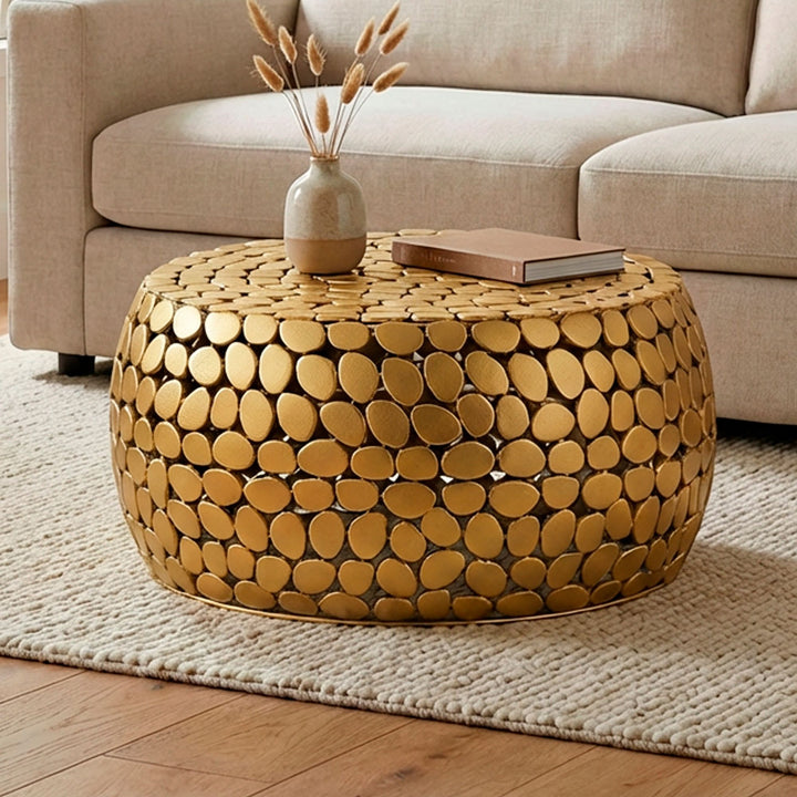 Sofabord Aluminium guld rundt 66x32 cm, moderne stuebord metal - rundt loungebord, håndlavet