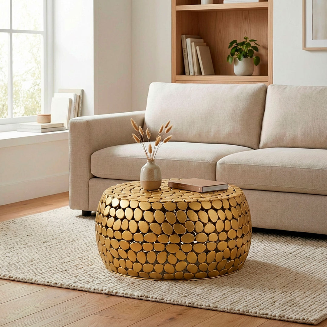 Sofabord Aluminium guld rundt 66x32 cm, moderne stuebord metal - rundt loungebord, håndlavet