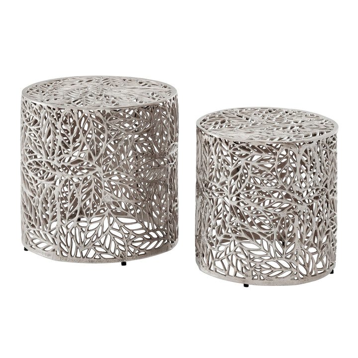 Sidebord aluminium 2-delt sæt rundt sølv - sidebord med bladmotiv, dekorativt sofabord alu design - moderne metalbord, håndlavet