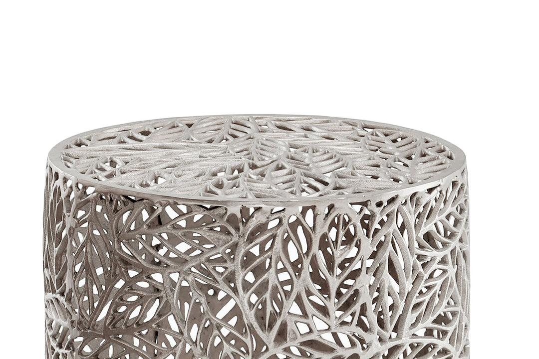 Sidebord aluminium 2-delt sæt rundt sølv - sidebord med bladmotiv, dekorativt sofabord alu design - moderne metalbord, håndlavet