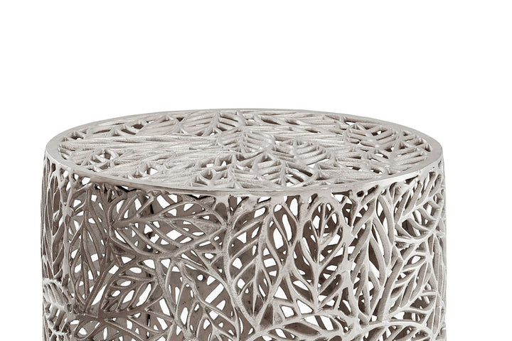 Sidebord aluminium 2-delt sæt rundt sølv - sidebord med bladmotiv, dekorativt sofabord alu design - moderne metalbord, håndlavet