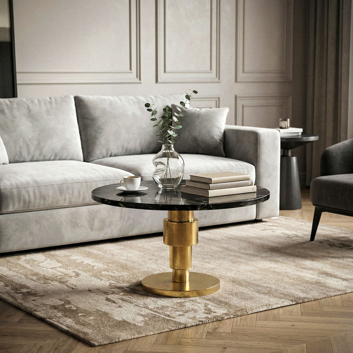 Rundt Sofabord 60 cm i Guld Aluminium med Sort Marmorbordplade – Moderne Designbord