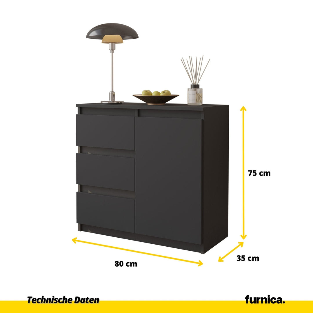 MIKEL - Kommode med 3 skuffer og 1 dør - Antracit-grå H75cm B80cm D35cm
