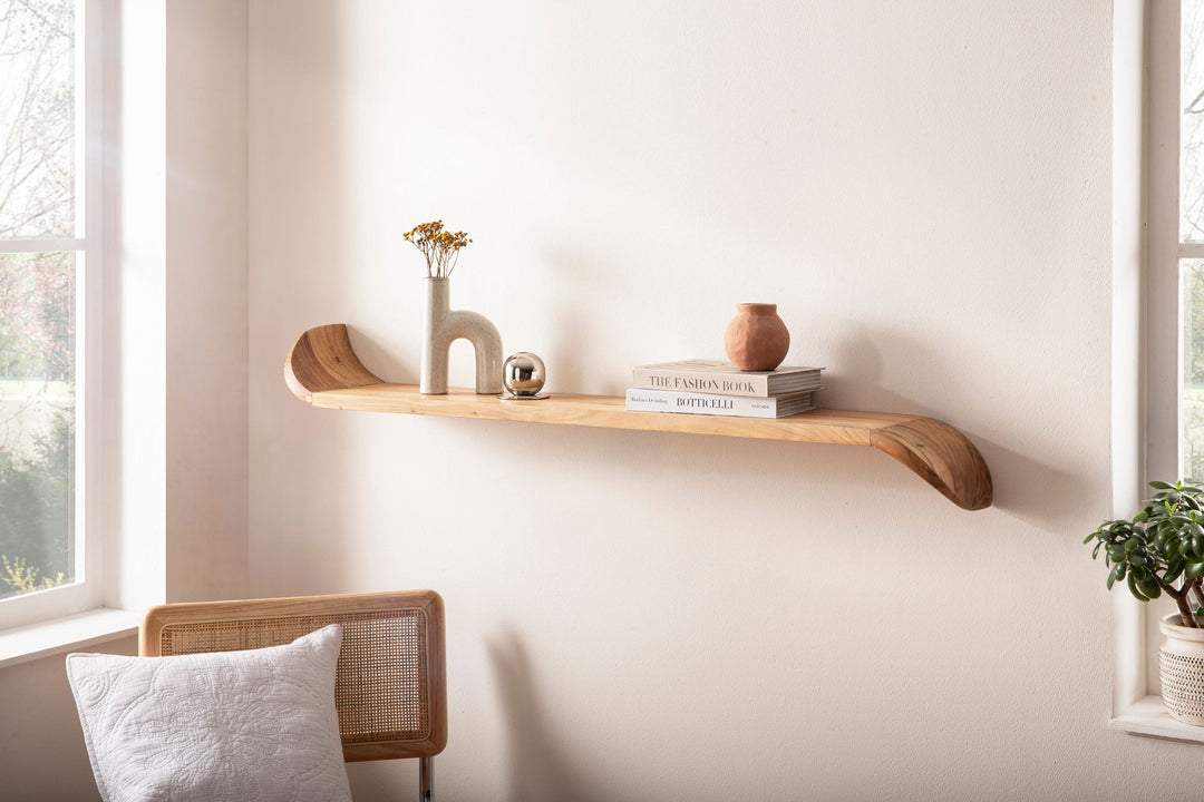 Mango vægreol i massivt træ 120 cm · Hængende hylde med buede ender · Håndlavet svævende hylde i moderne design · Hylde lavet af ægte træ