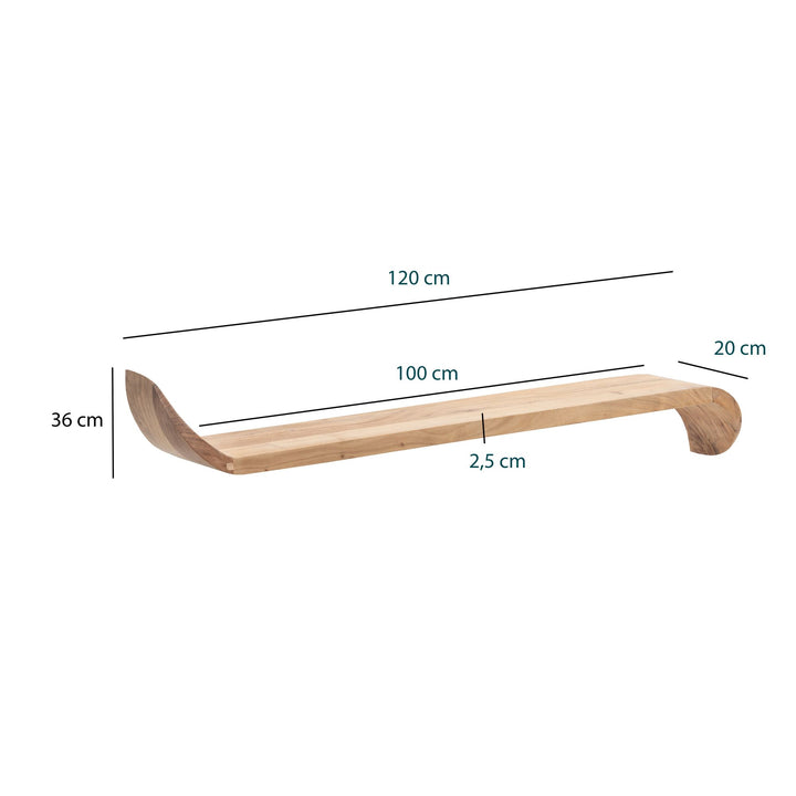Mango vægreol i massivt træ 120 cm · Hængende hylde med buede ender · Håndlavet svævende hylde i moderne design · Hylde lavet af ægte træ