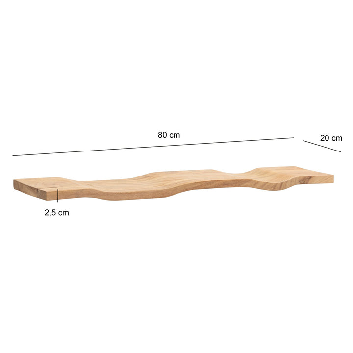 Væghylde i massivt træ af akacietræ 80 cm - Svævende designhylde til væggen i massivt træ - Hængende hylde i bølgeform - Væghylde lavet af ægte træ