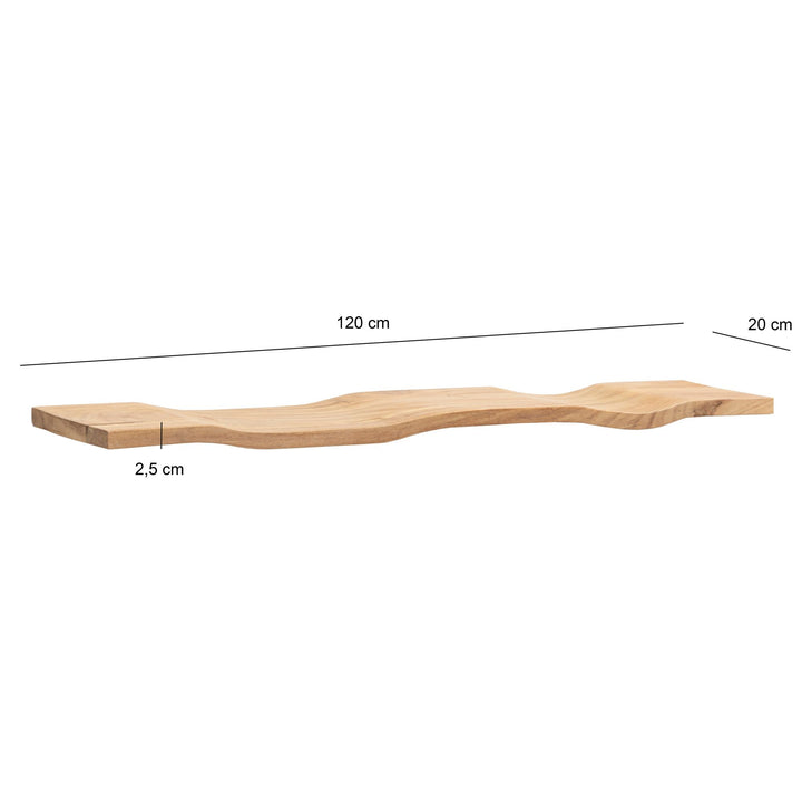 Væghylde i massivt træ af akacietræ 120 cm - Svævende designhylde til væggen i massivt træ - Hængende hylde i bølgeform - Væghylde lavet af ægte træ