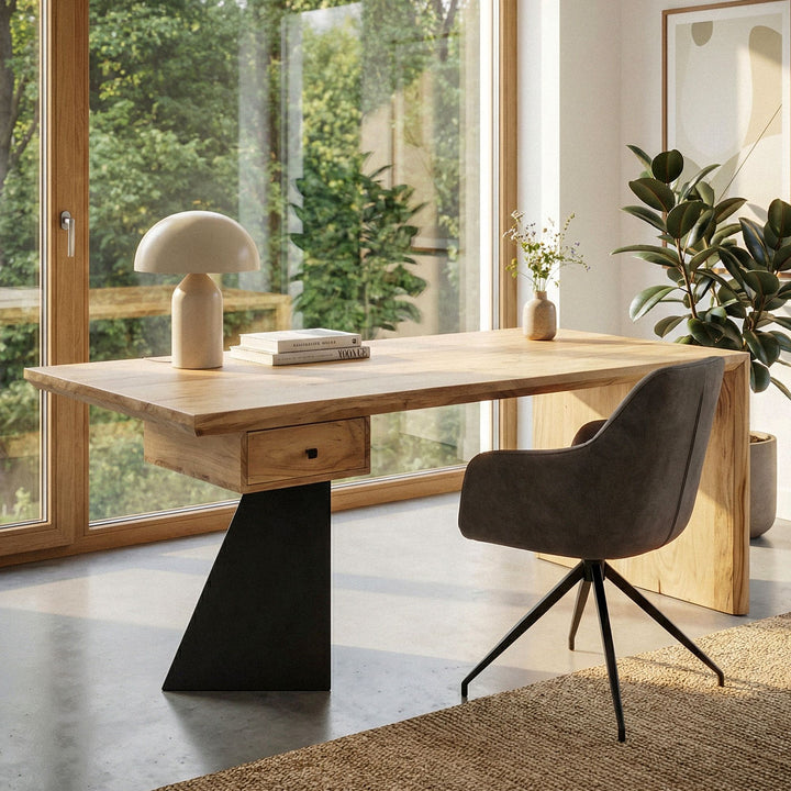 Skrivebord i massivt akacietræ 180 x 90 cm rektangulært med skuffe, naturligt træbord industrielt design