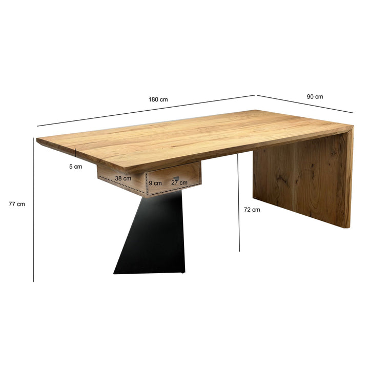 Skrivebord i massivt akacietræ 180 x 90 cm rektangulært med skuffe, naturligt træbord industrielt design
