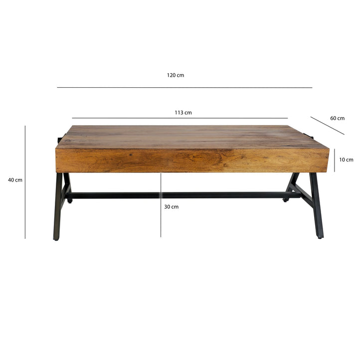 Sofabord i træ og metal – moderne industrielt design, rektangulært, 120 cm, brun