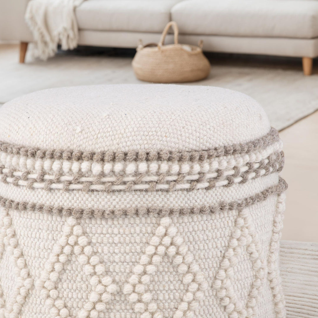 Opbevaringsskammel – Ø 40 x H 45 cm, rund stofopbevaringsskammel med boho-design