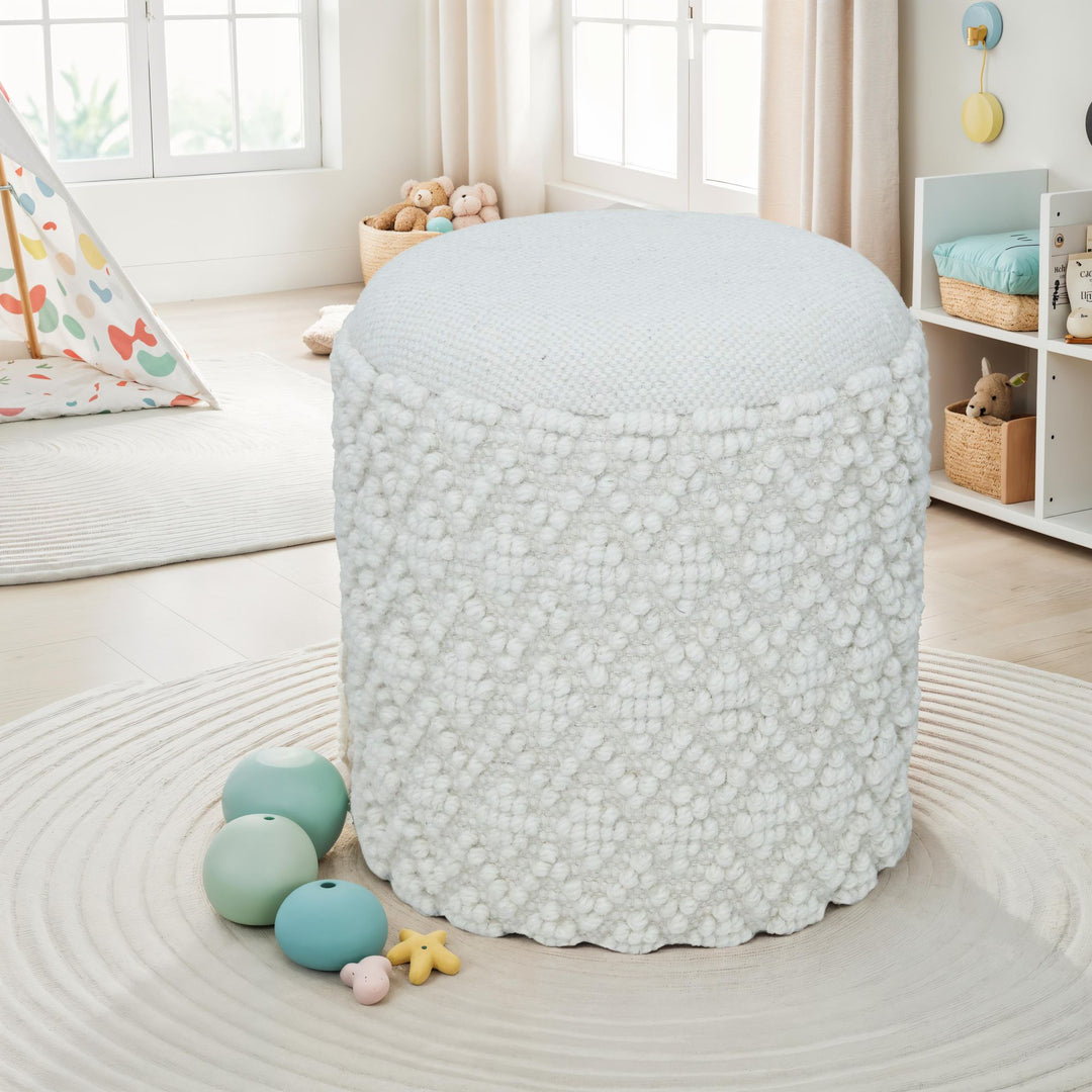 Rund uldskammel med opbevaring, boho-stil fodskammel Ø 40 cm x H 45 cm, aftageligt sæde, dekorativ skammel og fodskammel i hvid, sideskammel til stue, soveværelse, entre