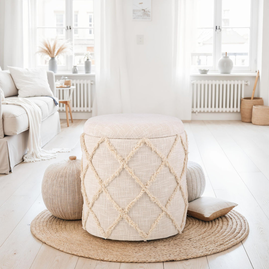 Rund opbevaringsfod, 40x40x45 cm, cremefarvet bomuldsbetrukket fod i boho-design, fod med aftageligt låg og opbevaringsrum, dekorativ stoffod til stue, soveværelse og entré