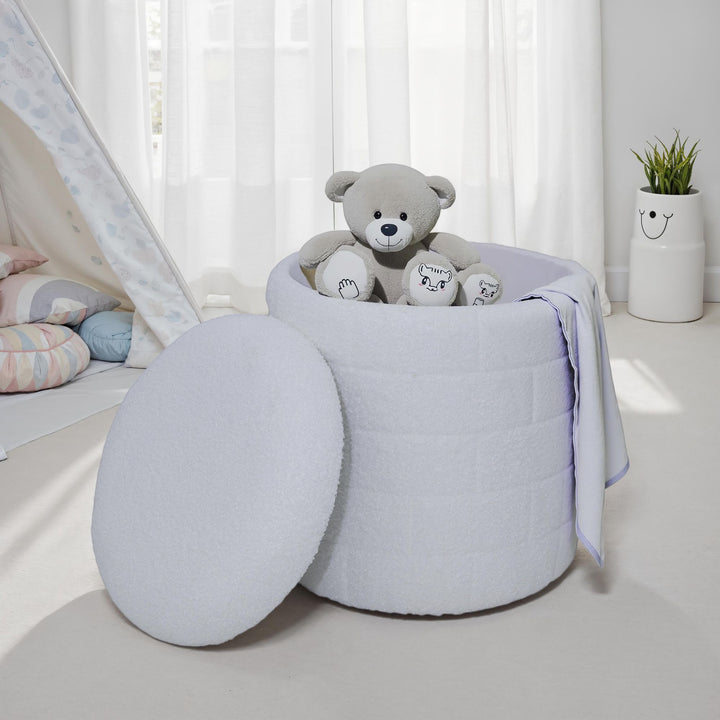 Opbevaringspuf 40x40x45 cm, Rund stofpuf, hvid med aftageligt låg, Polstret opbevaringspuf, Moderne sidepuf til stuen