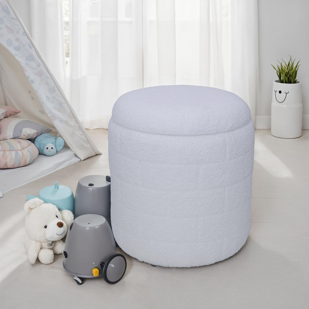 Opbevaringspuf 40x40x45 cm, Rund stofpuf, hvid med aftageligt låg, Polstret opbevaringspuf, Moderne sidepuf til stuen