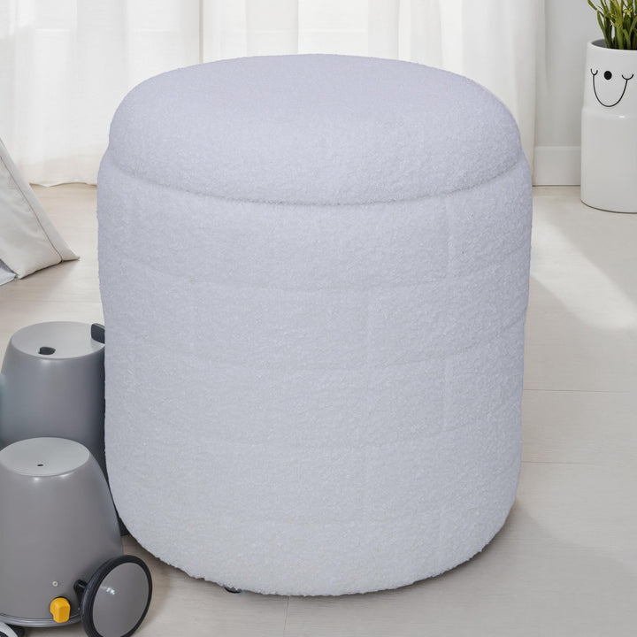 Opbevaringspuf 40x40x45 cm, Rund stofpuf, hvid med aftageligt låg, Polstret opbevaringspuf, Moderne sidepuf til stuen