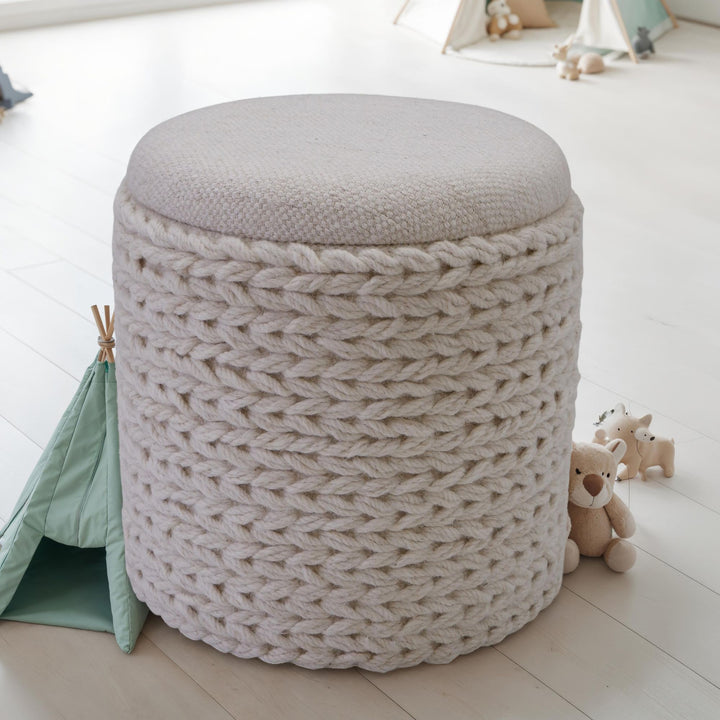 Uldpuf med opbevaring, rund, 40x40x45 cm, med aftageligt låg, håndlavet sidebord i boho-stil, cremehvid