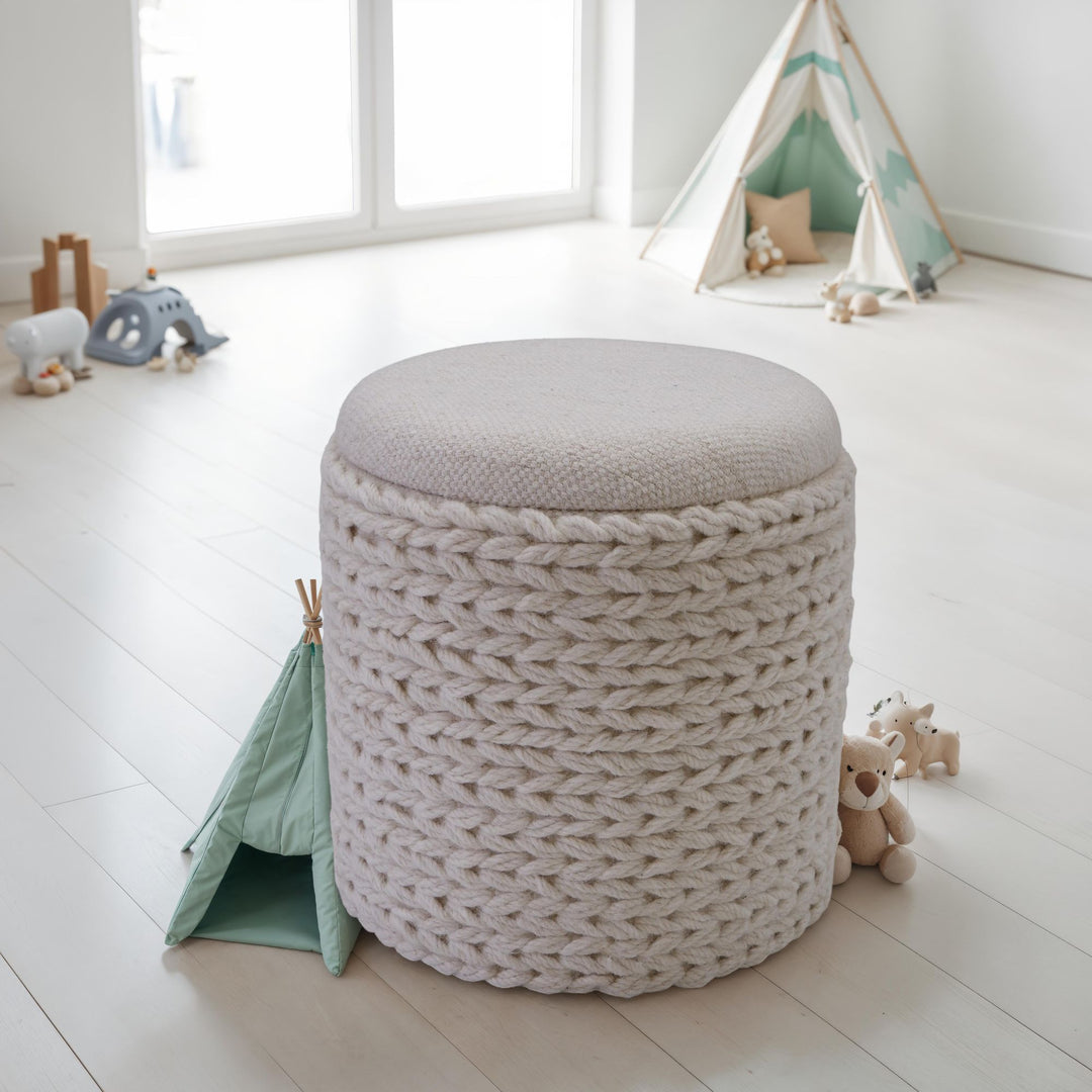 Uldpuf med opbevaring, rund, 40x40x45 cm, med aftageligt låg, håndlavet sidebord i boho-stil, cremehvid