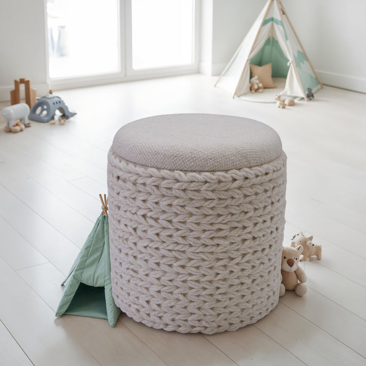 Uldpuf med opbevaring, rund, 40x40x45 cm, med aftageligt låg, håndlavet sidebord i boho-stil, cremehvid