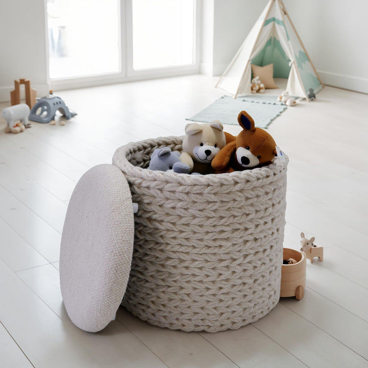 Uldpuf med opbevaring, rund, 40x40x45 cm, med aftageligt låg, håndlavet sidebord i boho-stil, cremehvid