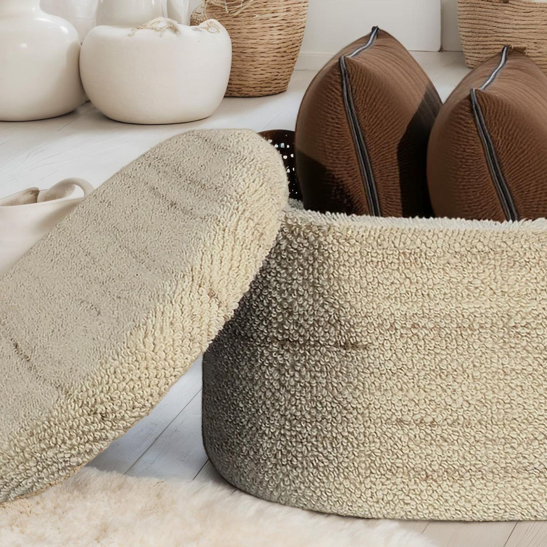 Oval uld puf med opbevaring, 81 cm, aftageligt låg, moderne brun stofbetrukket puf, polstret opbevaringspuf til stue, soveværelse, entre