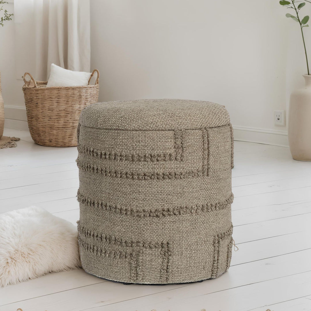Rund uldpuf med opbevaring, Ø 40 x 45 cm, brun, med opbevaringsplads, aftageligt låg, sidebord og polstret puf til stue, soveværelse, entré i moderne boheme-design.