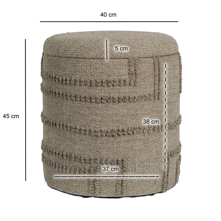 Rund uldpuf med opbevaring, Ø 40 x 45 cm, brun, med opbevaringsplads, aftageligt låg, sidebord og polstret puf til stue, soveværelse, entré i moderne boheme-design.