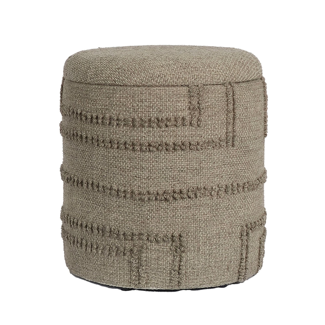 Rund uldpuf med opbevaring, Ø 40 x 45 cm, brun, med opbevaringsplads, aftageligt låg, sidebord og polstret puf til stue, soveværelse, entré i moderne boheme-design.