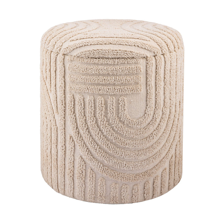 Dekorativ opbevaringsskammel i bomuld, rund, Ø40-45 cm, skammel med aftageligt låg, beige sideskammel, polstret skammel i boho-design til stue og soveværelse