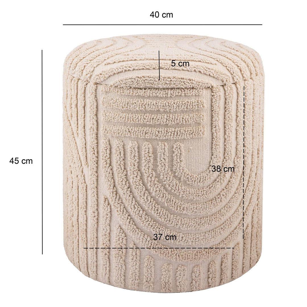 Dekorativ opbevaringsskammel i bomuld, rund, Ø40-45 cm, skammel med aftageligt låg, beige sideskammel, polstret skammel i boho-design til stue og soveværelse