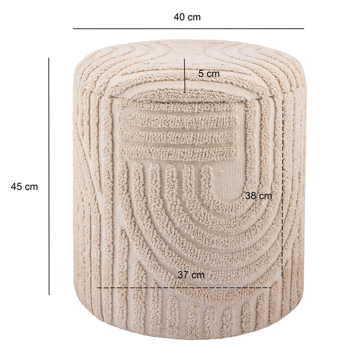 Dekorativ opbevaringsskammel i bomuld, rund, Ø40-45 cm, skammel med aftageligt låg, beige sideskammel, polstret skammel i boho-design til stue og soveværelse
