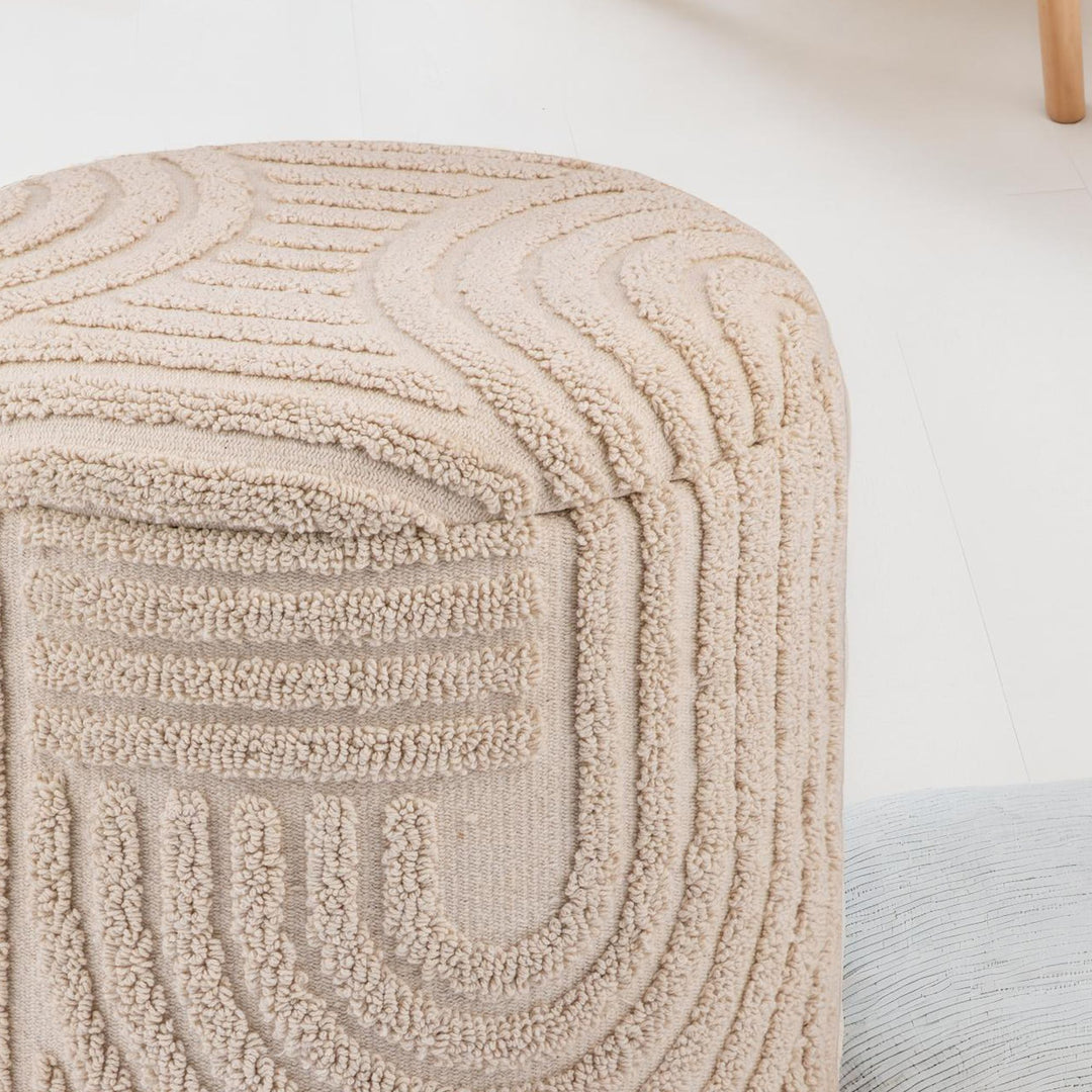 Dekorativ opbevaringsskammel i bomuld, rund, Ø40-45 cm, skammel med aftageligt låg, beige sideskammel, polstret skammel i boho-design til stue og soveværelse