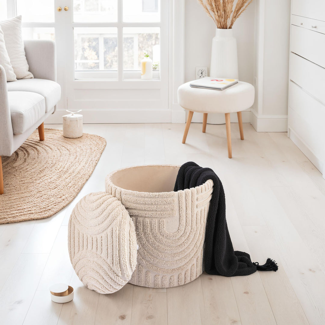 Dekorativ opbevaringsskammel i bomuld, rund, Ø40-45 cm, skammel med aftageligt låg, beige sideskammel, polstret skammel i boho-design til stue og soveværelse