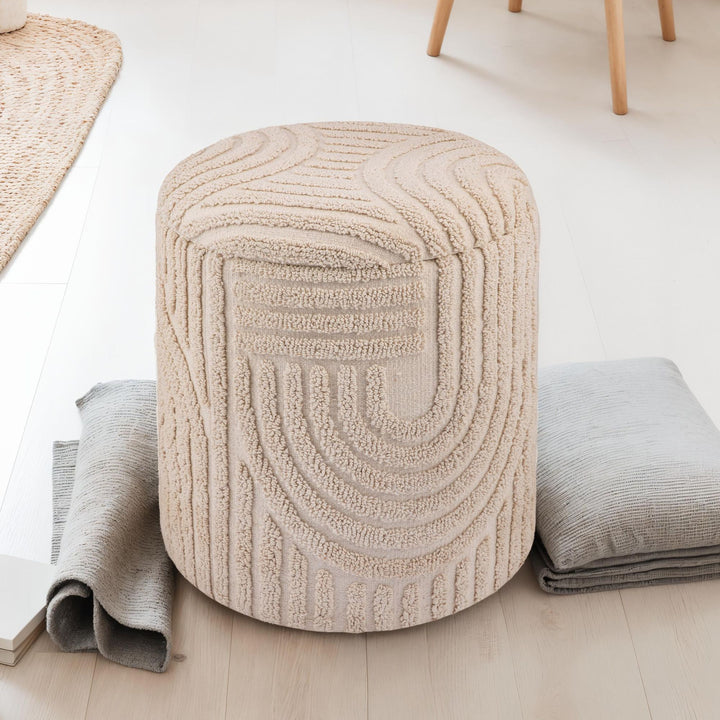 Dekorativ opbevaringsskammel i bomuld, rund, Ø40-45 cm, skammel med aftageligt låg, beige sideskammel, polstret skammel i boho-design til stue og soveværelse