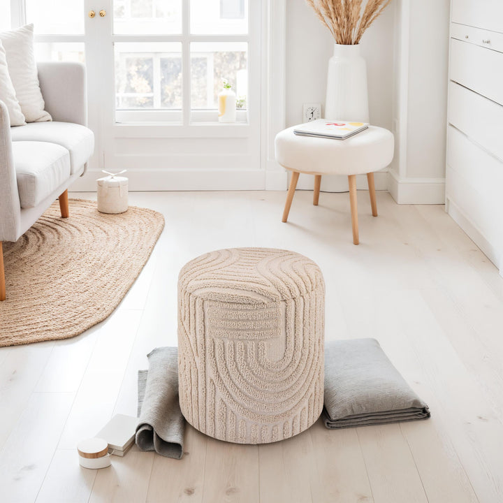 Dekorativ opbevaringsskammel i bomuld, rund, Ø40-45 cm, skammel med aftageligt låg, beige sideskammel, polstret skammel i boho-design til stue og soveværelse