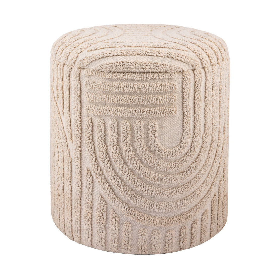 Dekorativ opbevaringsskammel i bomuld, rund, Ø40-45 cm, skammel med aftageligt låg, beige sideskammel, polstret skammel i boho-design til stue og soveværelse