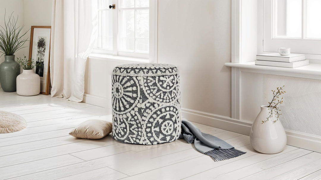 Rund uldpuf med opbevaring, Ø 40 x 45 cm, gråcreme, med opbevaringsplads, aftageligt låg, boho-stil fodskammel, opbevaringspuf til stue, soveværelse, entre