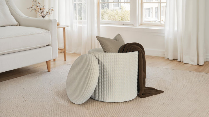 Rund opbevaringsskammel, Ø40x45 cm, beige bomuld, skammel med aftageligt låg, stofopbevaringsskammel, sideskammel og fodskammel til stue, soveværelse, entré