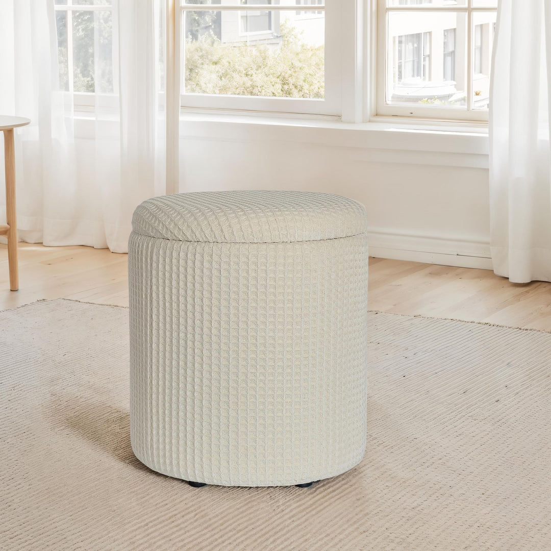 Rund opbevaringsskammel, Ø40x45 cm, beige bomuld, skammel med aftageligt låg, stofopbevaringsskammel, sideskammel og fodskammel til stue, soveværelse, entré